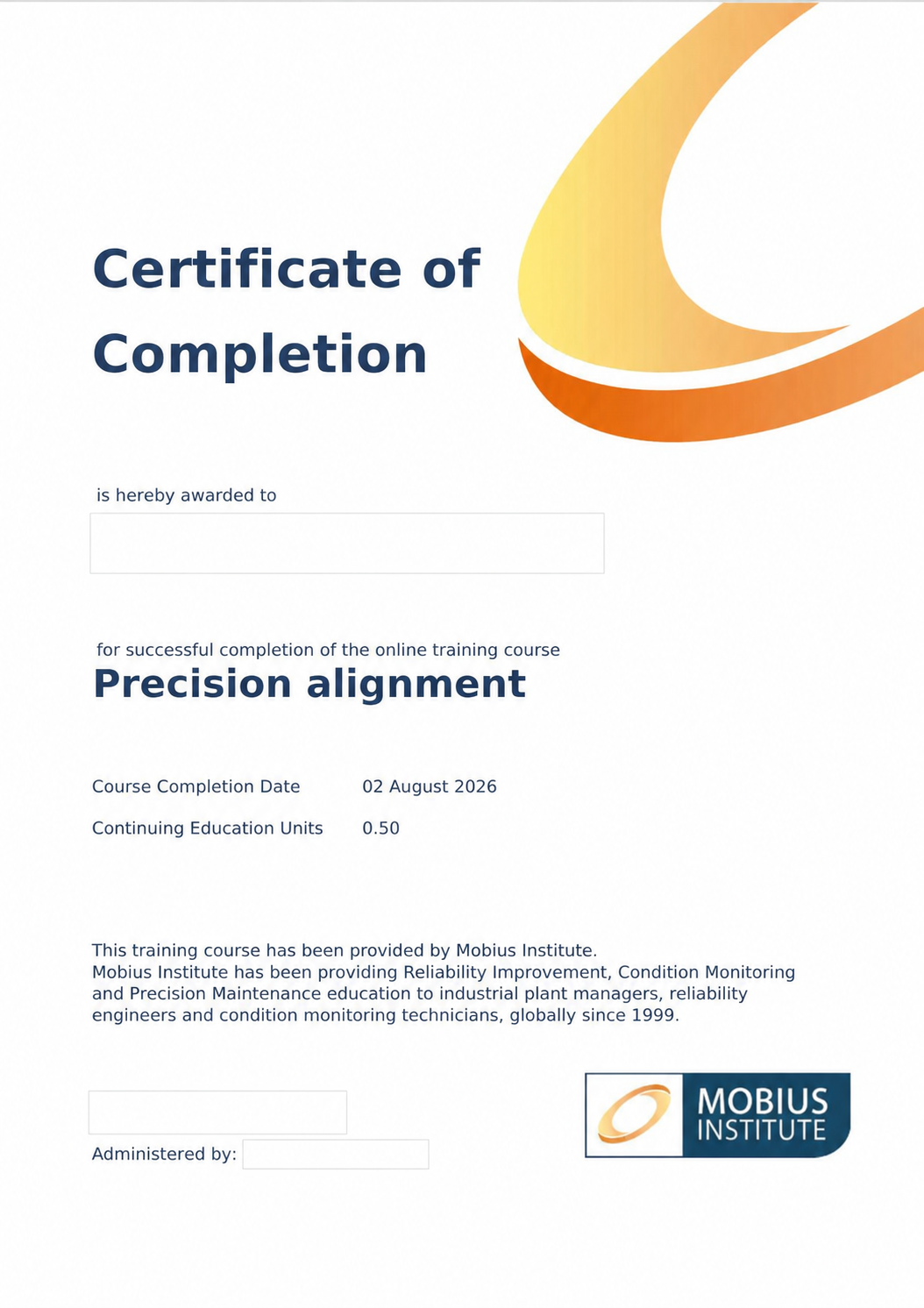 Zanonimizowany certyfikat ukończenia szkolenia Precision Alignment